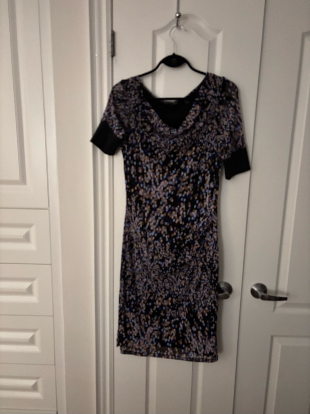 MEXZ Black Tearsrops Cowl Neck Short Sleeve Dress. Outer sheer layer over slip